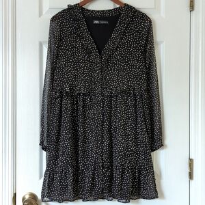Zara Speckled Ruffled Trim V-neck Long Sleeve Button Down Mini Dress Black Small